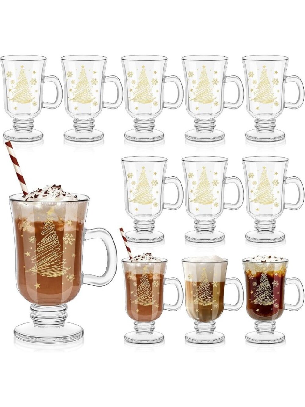 Set of 12 Snowflake Glass Coffee Mugs, 8 oz Irish Footed for Holiday Beverages